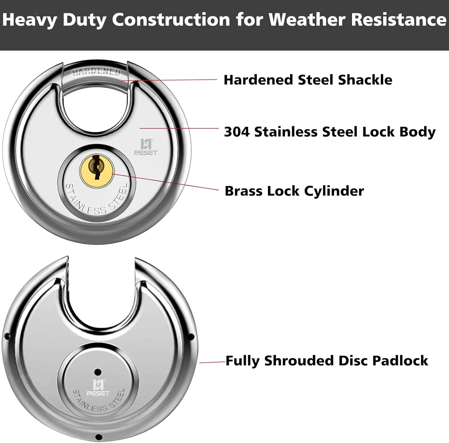 RESET-901 Stainless Steel Discus Keyed Different Padlock Waterproof and Rustproof Storage Lock with 0.36 Inches Hardened Shackle for Locker Shed Facilities Toolbox Gate Fence Garage Outdoor Sliver