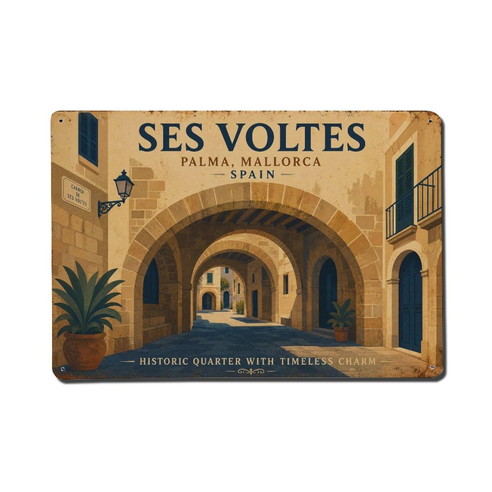 Vintage Travel Palma Ses Voltes District Mallorca Arches Metal Tin Sign