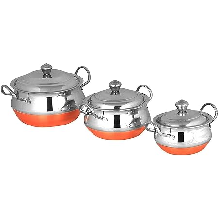 PARIJAT HANDICRAFT Stainless Steel Handi Cookware Set of 3 Pcs - PREMIUM Stainless Steel 3 Pcs Handi Cookware Set - Copper Bottom