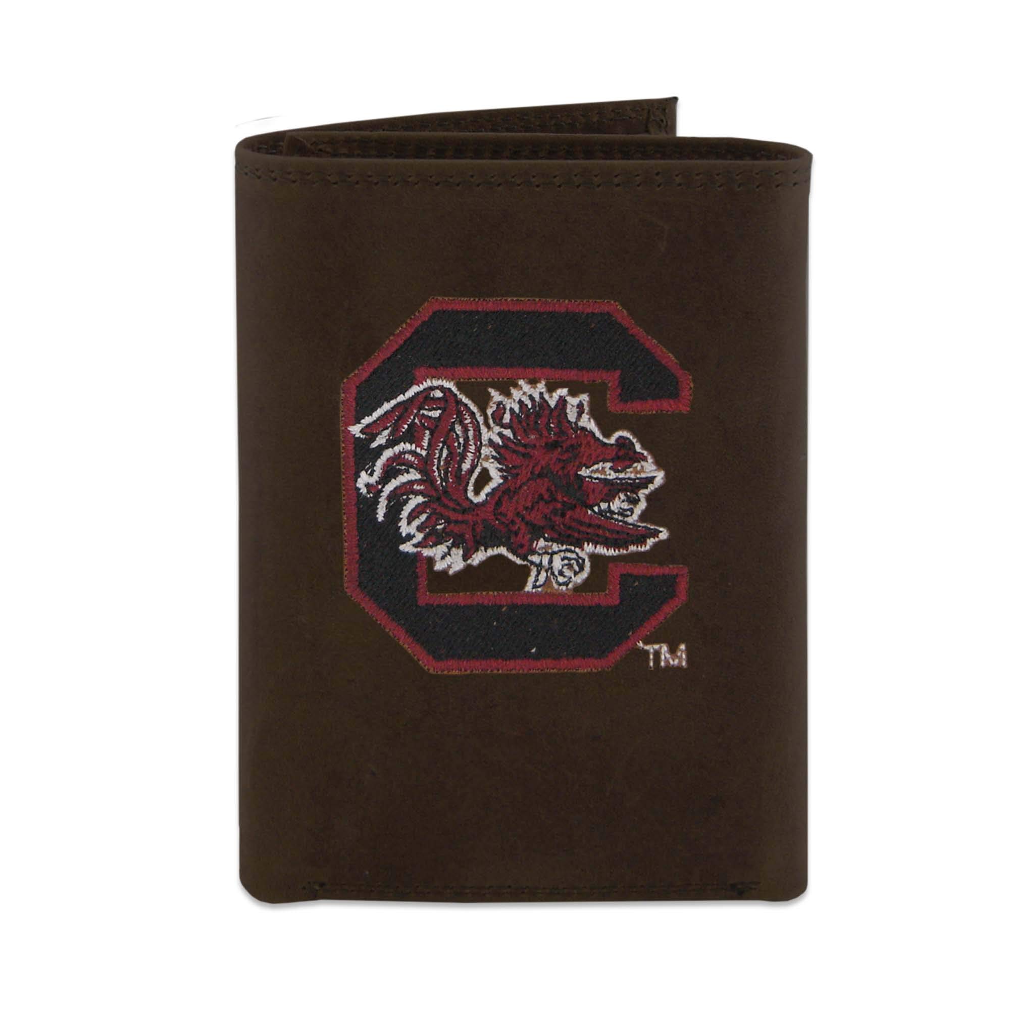 NCAA South Carolina Gamecocks Zep-Pro Crazyhorse Leather Trifold Embroidered Wallet, Light Brown