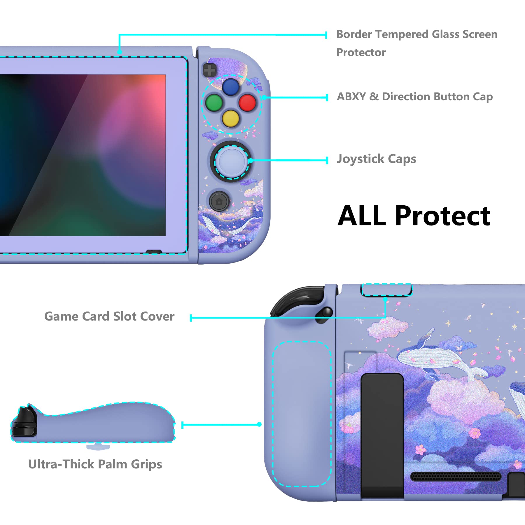 PlayVital ZealProtect Funda Protectora Suave para Nintendo Switch Accesorios Carcasa con Protector de Pantalla & Tapas de Agarre para el Pulgar & Pegatinas de ABXY Dirección Botón(Ballena en Sueño)