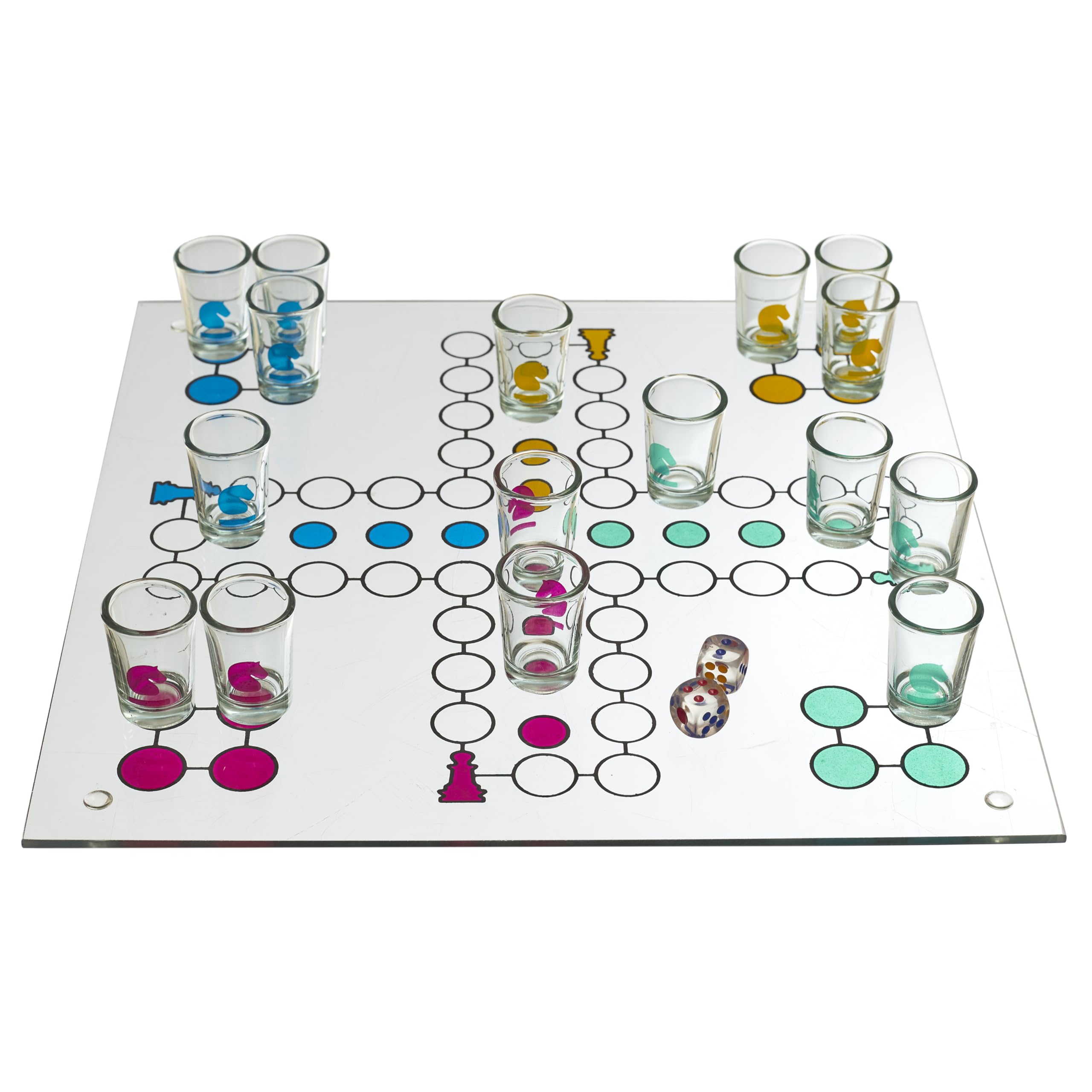 MISTER GADGET - MG3527 Jeu à Boire Petits Chevaux en Verre - Couleurs Variées - Amusement et Convivialité - Accessoire Festif pour Soirées - Blanc, Rouge, Bleu, Vert, Jaune