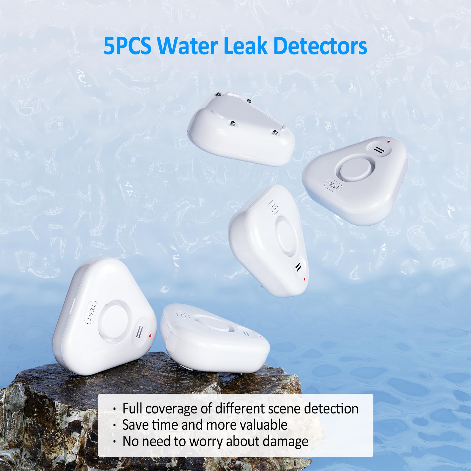 Paquete de 5 detectores de fugas de agua para el hogar, Stechro 4 niveles de audio ajustable de 0 a 120 dB, detector de fugas de agua con alerta de fugas y goteo, sensor de fugas de agua IP66 para