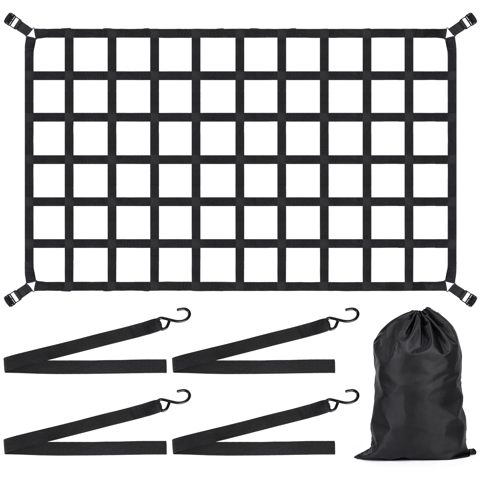 EFUTURETIME Netz Anhänger Gurtbandnetz 208 x 127 cm Frachtnetz, Ladungssicherungsnetz Verstellbar mit Nockenschnalle und 4 Gurtband, Gepäcknetz mit 16 x 16.5 cm Maschenweite für LKW, Auto