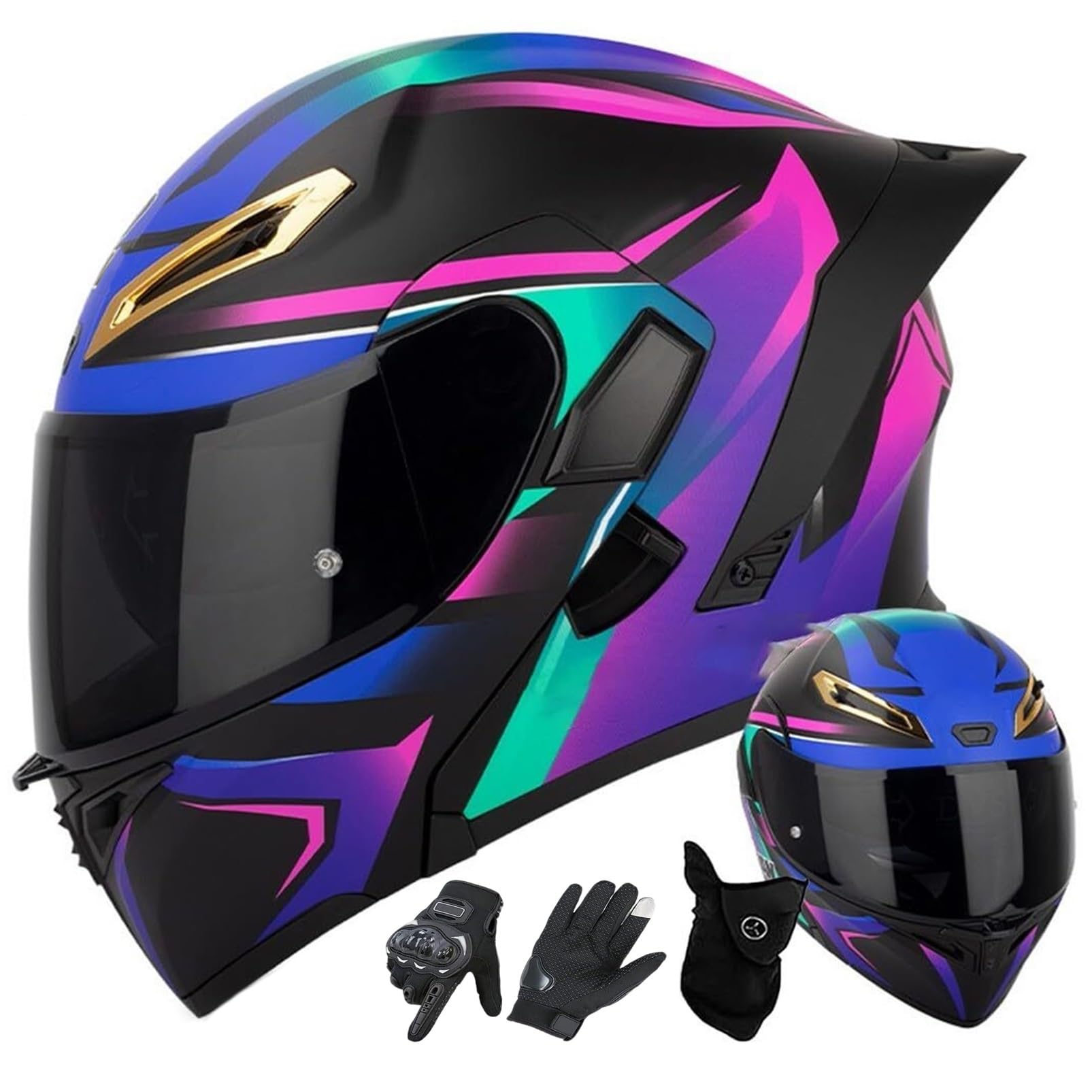 Modułowy Kask Integralny Motocyklowy Z Klapą – Podwójna Wizjera Słoneczna, Rękawice I Maska Antypyłowa, Dorośli Unisex, Na Całe Lata, Certyfikatem ECE/DOT – Cruiserów I Skuterów.