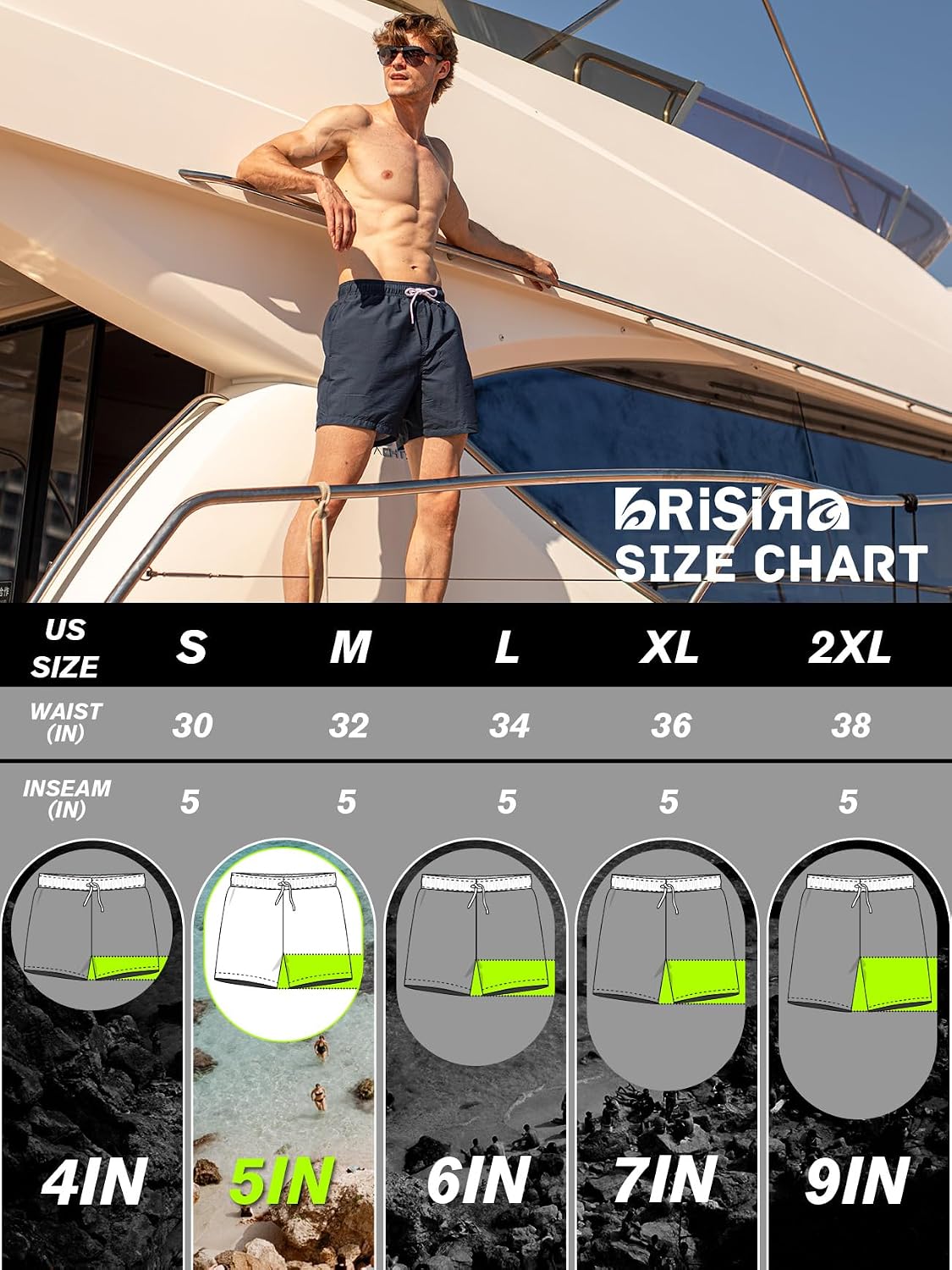 BRISIRA Mens Swim Trunks 5 inch Seersucker Beach Shorts with Compression Liner Quick Dry Bathing Suits No-Chafing Board Short