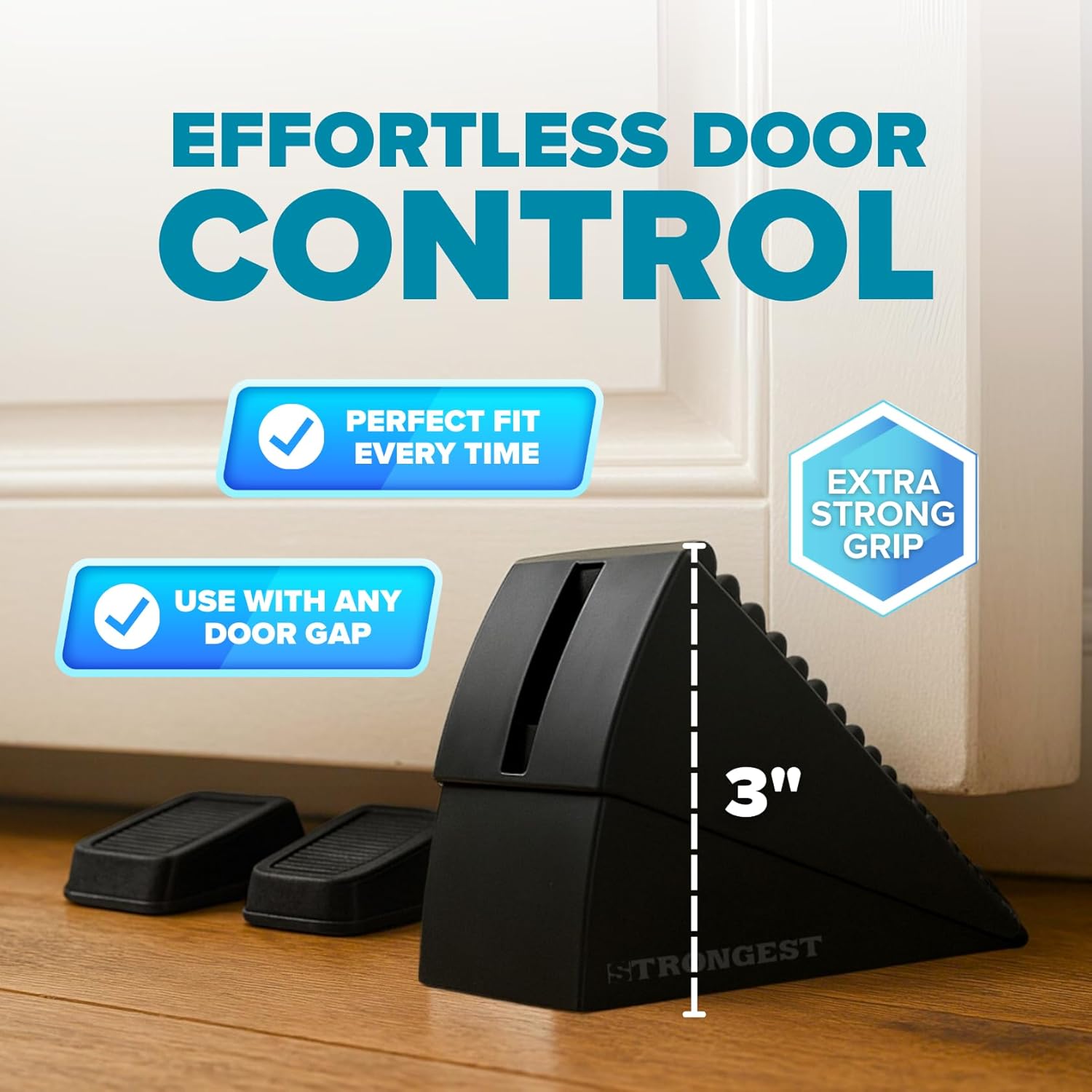 Strongest Home 4 Pack XL Adjustable Door Stopper with Spring – Heavy Duty Wedge for Oversized, Thick & Heavy Doors, Anti-Slip Rubber Grip, Commercial, Home & Outdoor Use on Carpet, Wood, Tile - Black Spring Black 4 Pack