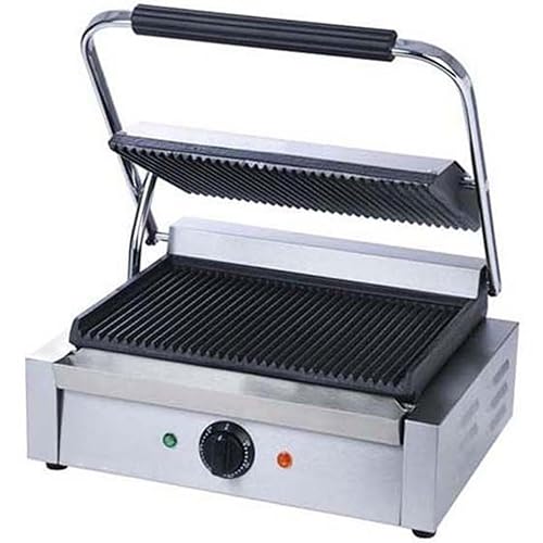 FSE SG-811E - Parrilla eléctrica para sándwich Panini con placas ranuradas de hierro fundido, bandeja de aceite, 120 V