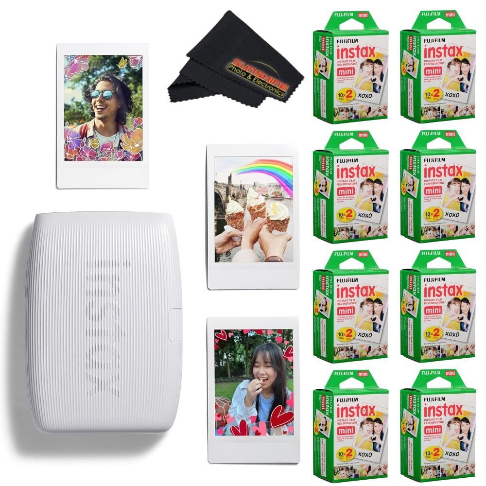 Fujifilm INSTAX Mini Link 3 Smartphone Printer with INSTAX Mini Instant Film and Sunshine Microfiber Cleaning Cloth... (Clay White, 8 Twin Pack (160 Sheets))