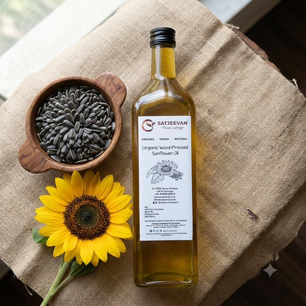 Satjeevan Organic Wood-Pressed Sunflower Oil 1000ml | NPOP Certified, Cold-Pressed | Traditional Lakdi Ghani Method 1