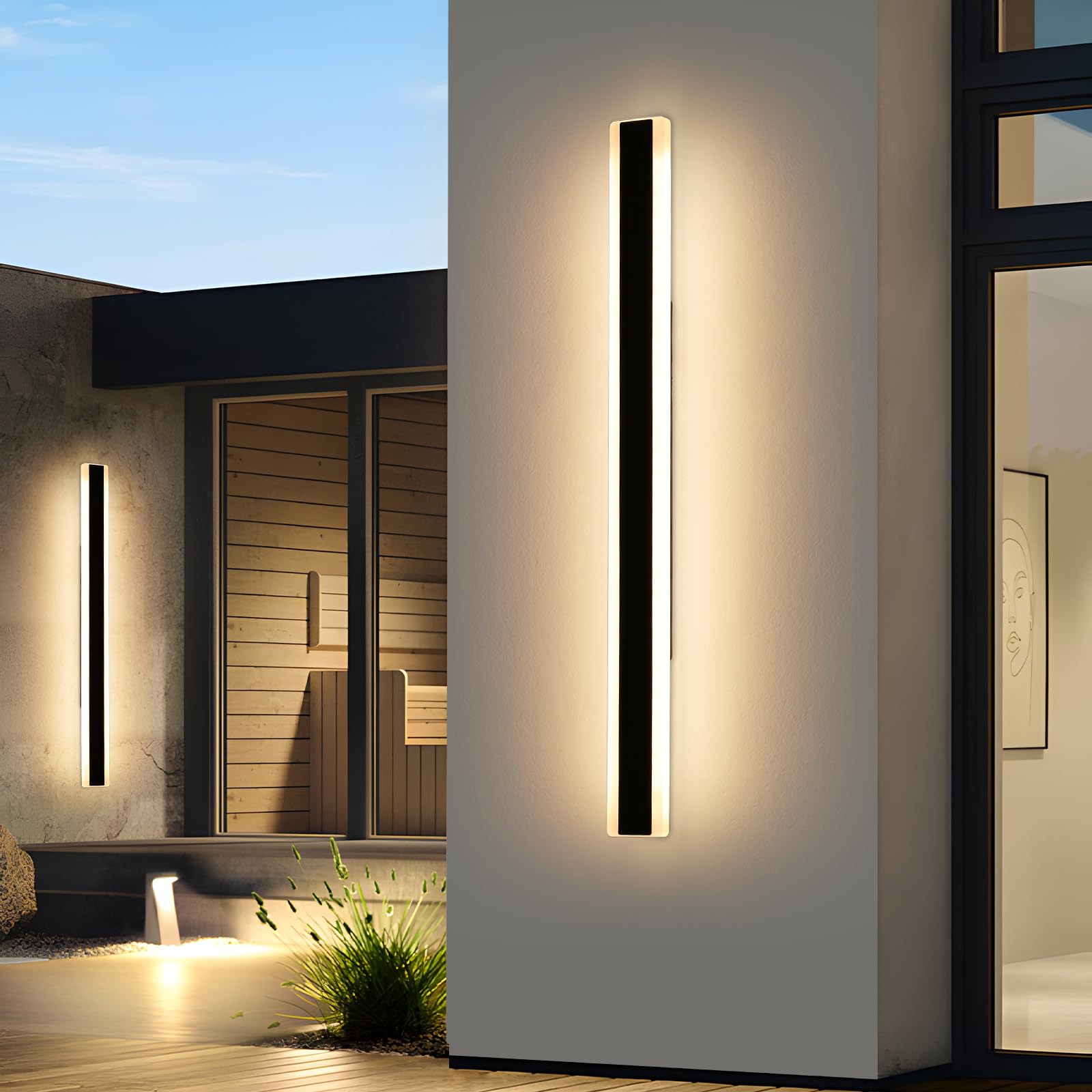 Modern 57inch Outdoor Wall Light, 3000k/4500k/6000k 3 Color Change Black Exterior Light Fixtures Wall Mount, Ip65 Waterproof Modern Porch Lights Wall Sconce, Long Linear Outside Lighting Hard-Wired