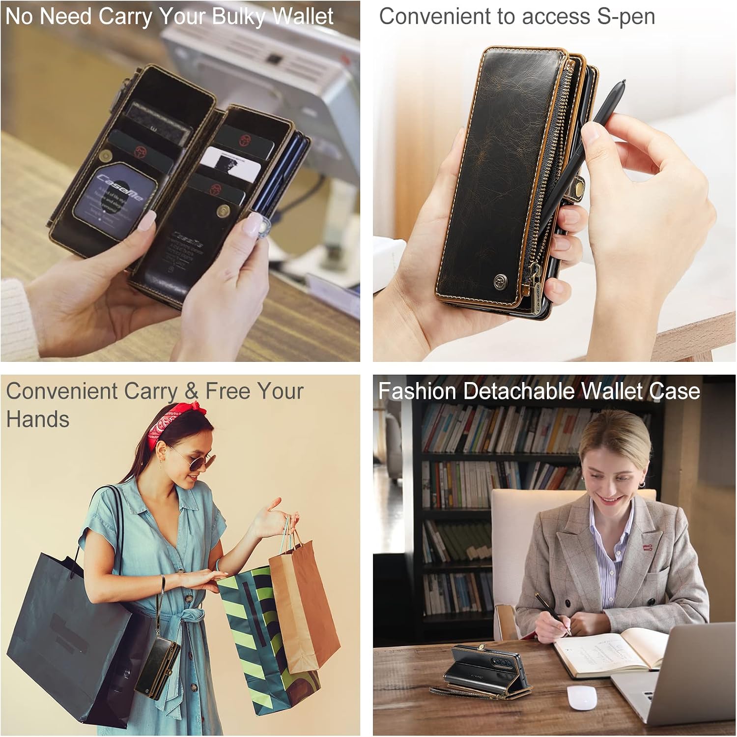 Defencase Galaxy Z Fold 3 Case, Z Fold 3 Case Wallet for Women and Men, Luxury Vintage PU Leather Magnetic Flip Wrist Strap Zipper Card Holder Wallet Phone Case for Samsung Galaxy Z Fold 3 5G, Coffee