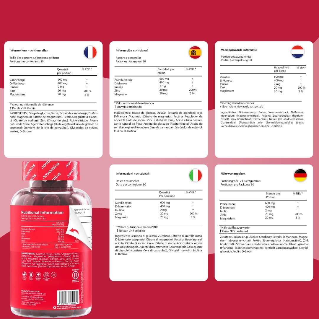 Mirtillo Rosso e D-Mannosio Gommose – 600 mg Mirtillo + 400 mg D-Mannosio – con Zinco e Biotina – Vegan, Senza Glutine – 60 Gommose Gusto Fragola – Novomins
