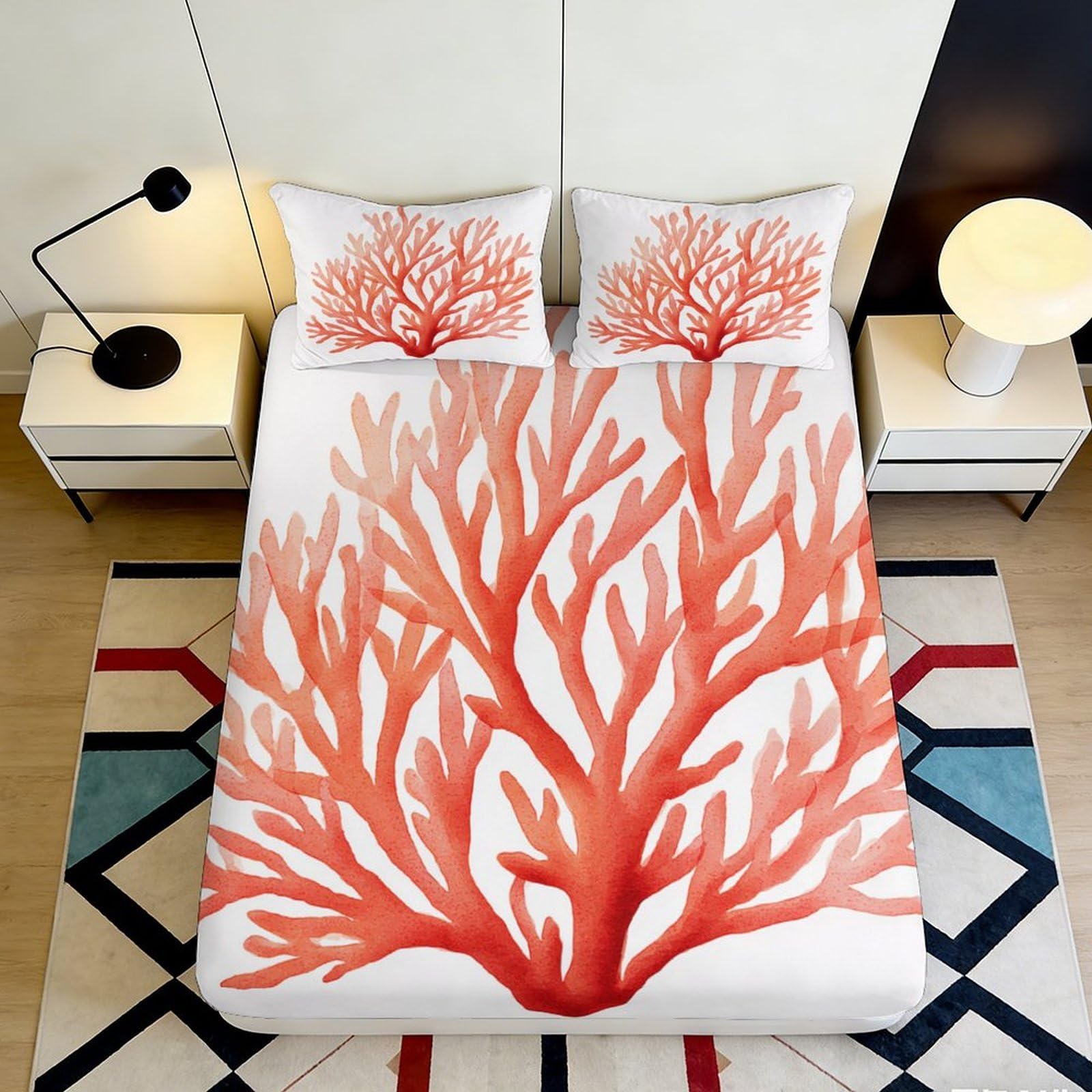 3D Printed Red Coral Fitted Sheet Microfiber Soft Breathable Sea Branches Mattress Cover for Bedroom Dormitory Guest Room Protection Decoration 180x200x25cm