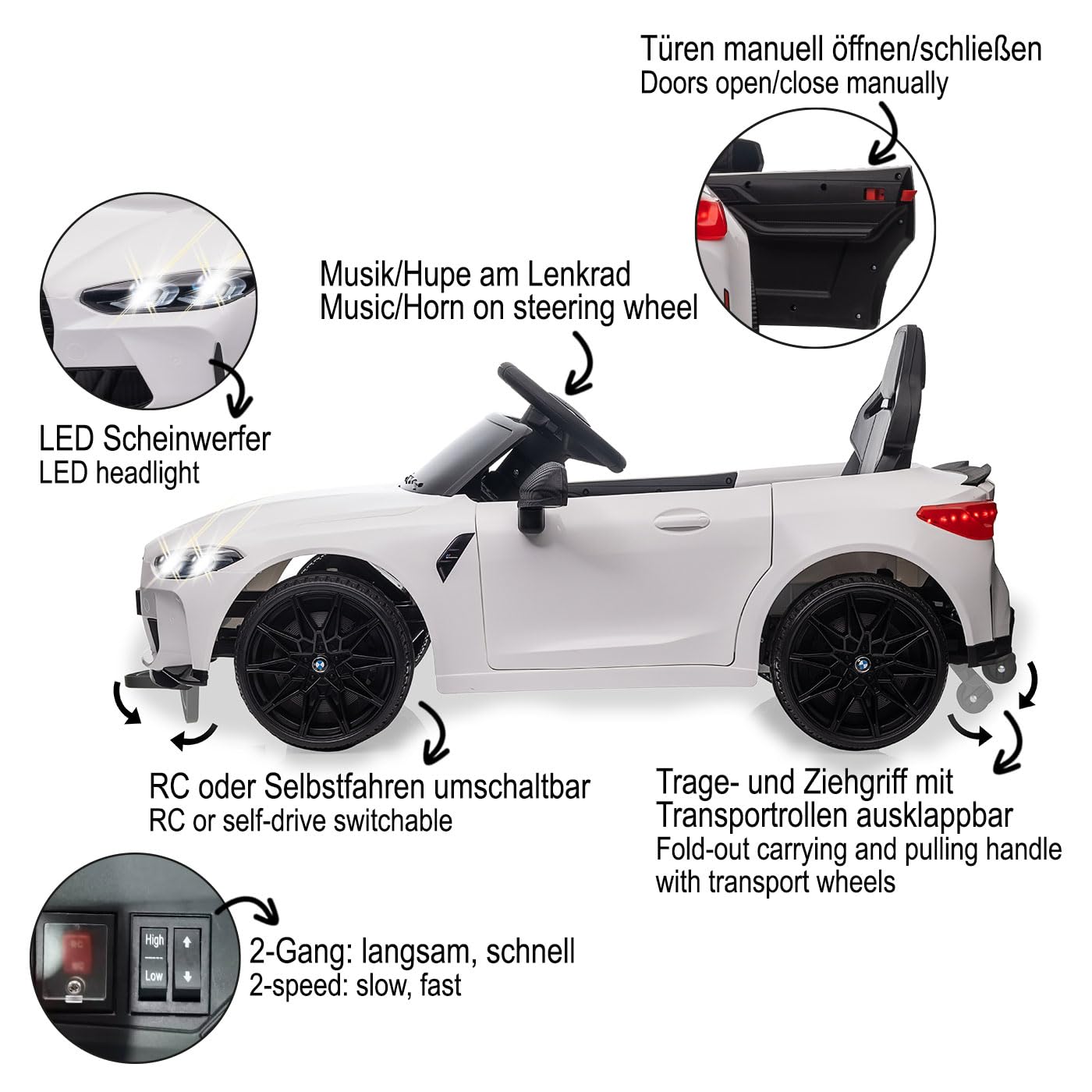 JAMARA 461865 Ride-on BMW M4 2,4 GHz Li-Power 12,6, samochód elektryczny dla dzieci od 3 lat, elektryczny fotel, pomysł na prezent, oświetlenie, uchwyt do noszenia, 2 biegi, klakson