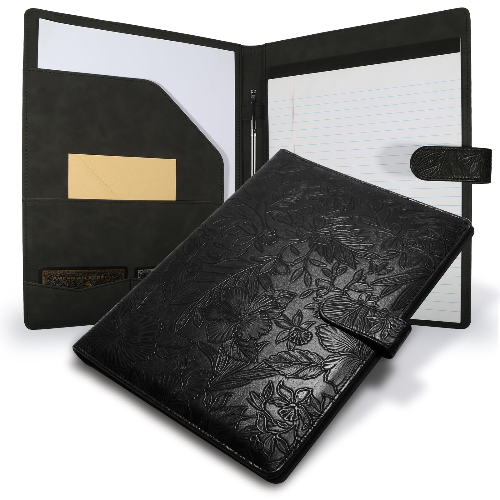 Profesjonalny segregator do teczek Padfolio, teksturowany, wytłaczany, organizer na teczki ze sztucznej skóry, na notatnik, notatnik, etui na karty dla kobiet, mężczyzn, konferencji biurowej (czarny)