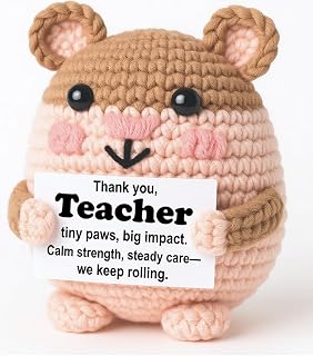 Teacher Appreciation Gift – Mini Crochet Hamster Plush with Positive Card, Handmade, Classroom Desk Decor, Tiny Paws Big Impact