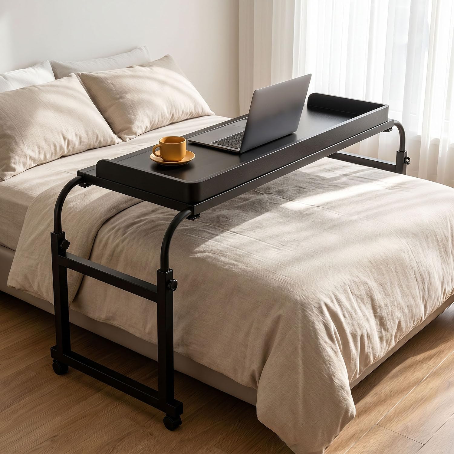 GXQFC Mobile Over Bed Desk, Rolling Overbed Table with Wheels Computer Desk