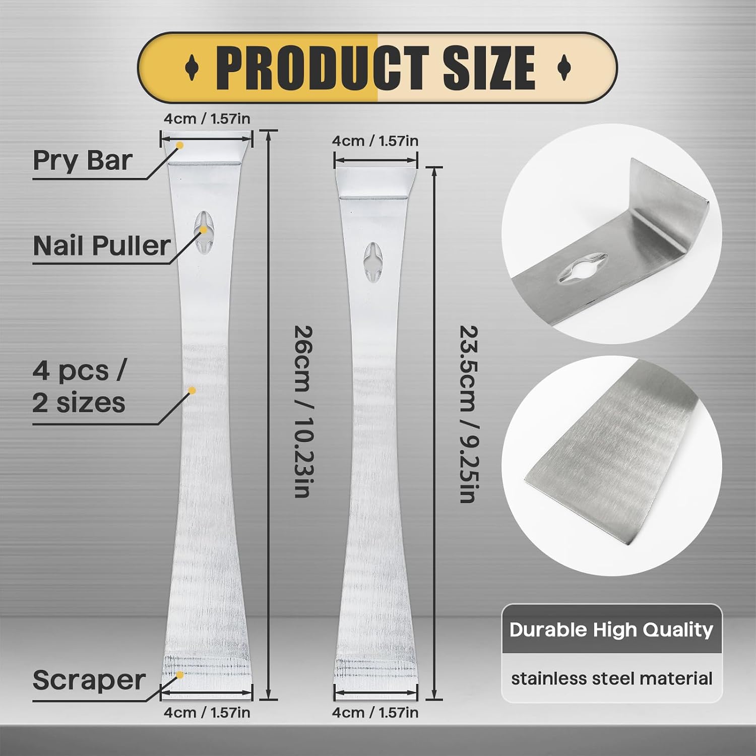4-Piece 17005 Stainless Steel Pry Bar Scraper Set, 9.25" and 6.7" Trim Puller, Small Flat Pry Bar, Silver Beekeeping Hive Scraper, Bee Hive Hand Tool, 2 Sizes