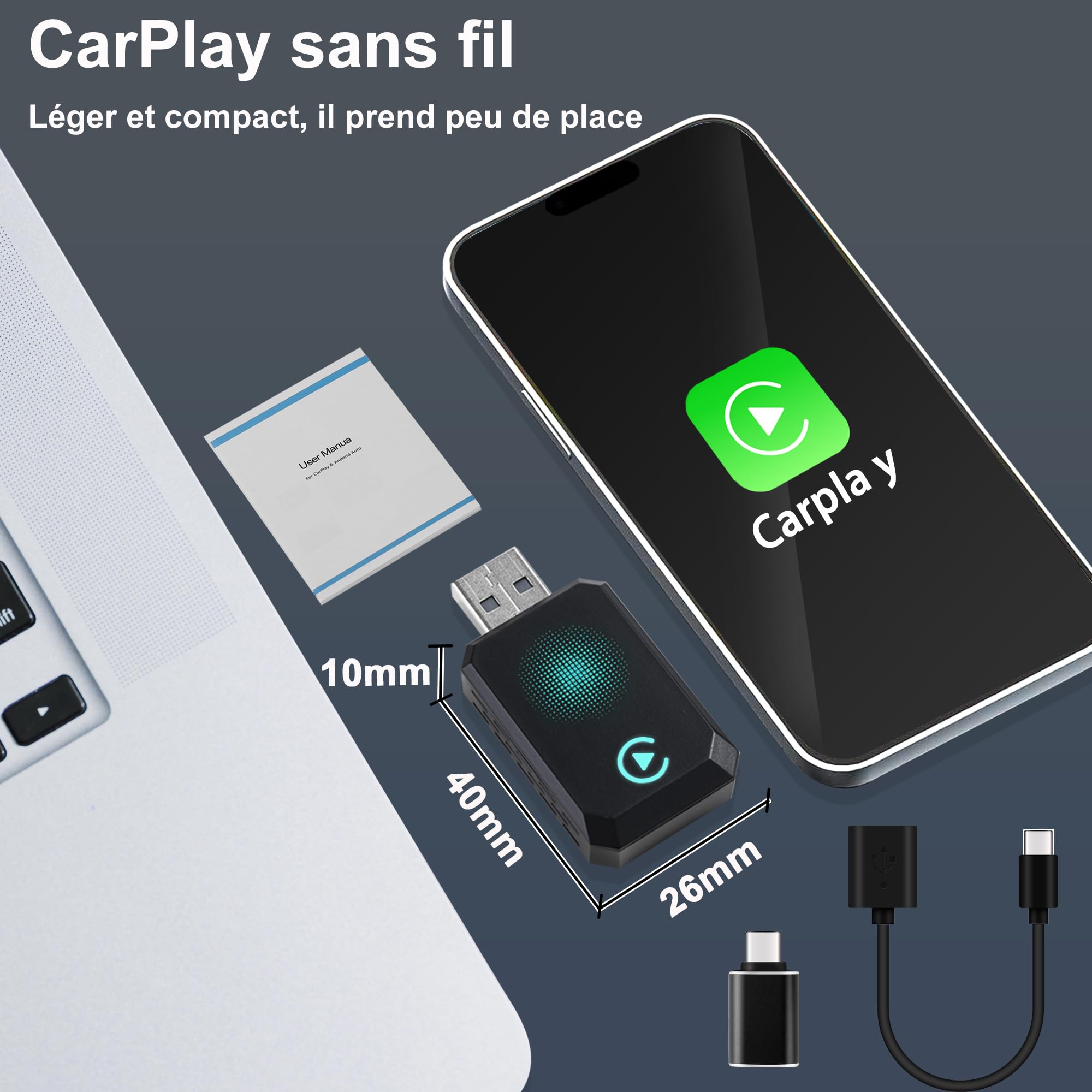 Adattatore CarPlay Wireless, Compatibile con A-pple CarPlay, Plug and Play, Type-C/USB, Adatto A Oltre 800 Veicoli (blu)