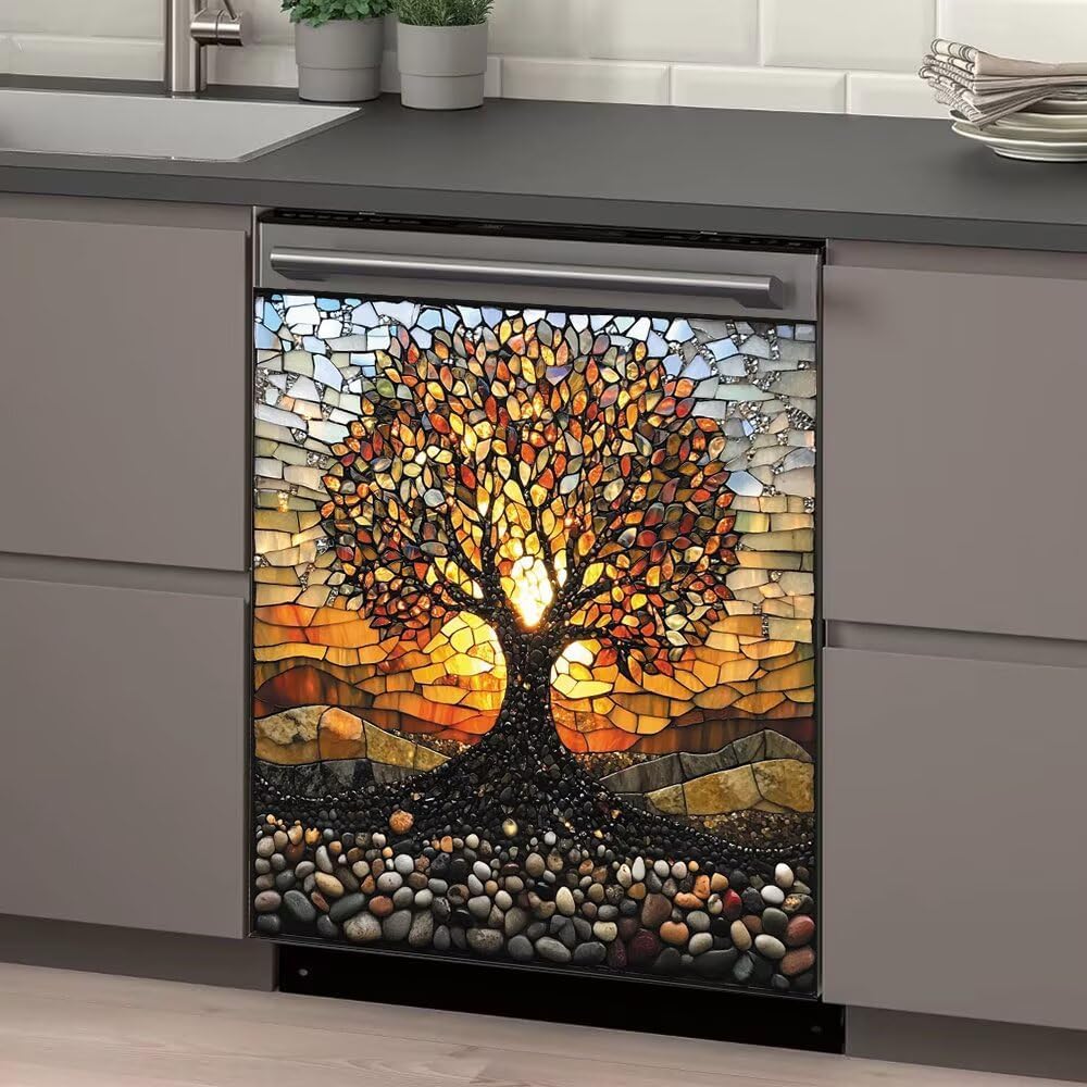 Tree of Life Kitchen Dishwasher Decor Magnet Cover, Pebble Colorful Glass Style Vinyl Fridge Magnetic Sticker Full for Kitchen, Easy Clean Dish Washer Door Decals 23 W x 26 H