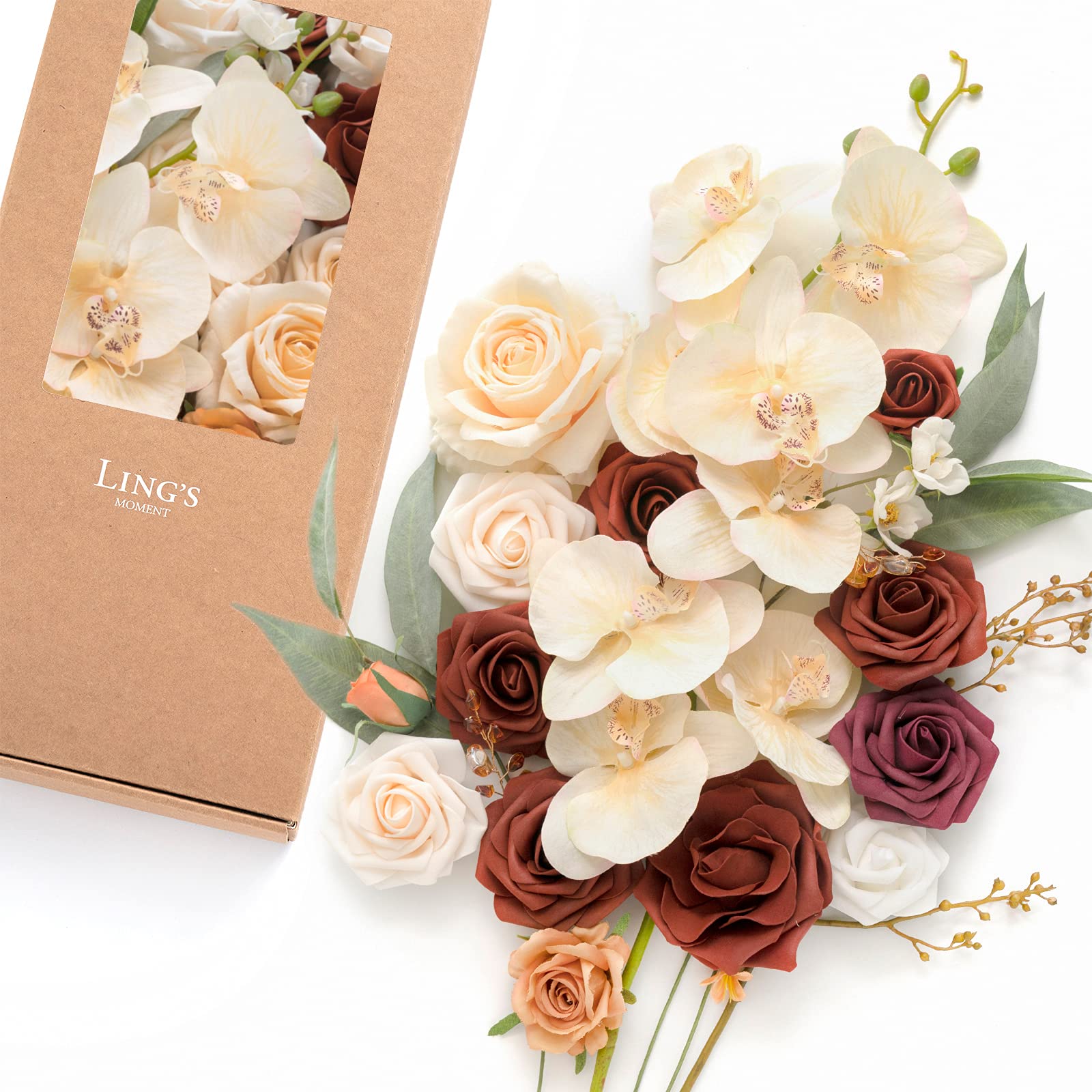Amazon Com Ling S Moment 人造花蘭花盒組適用於diy 婚禮花束中心擺設派對嬰兒淋浴家居裝飾迷人的琥珀色 居家與廚房