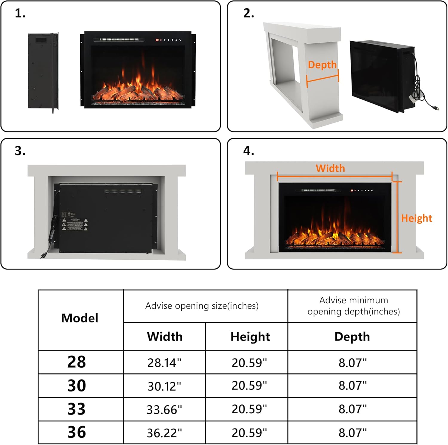 Step-by-step visual guide for fireplace installation, showing preparation, insertion, and final fit.