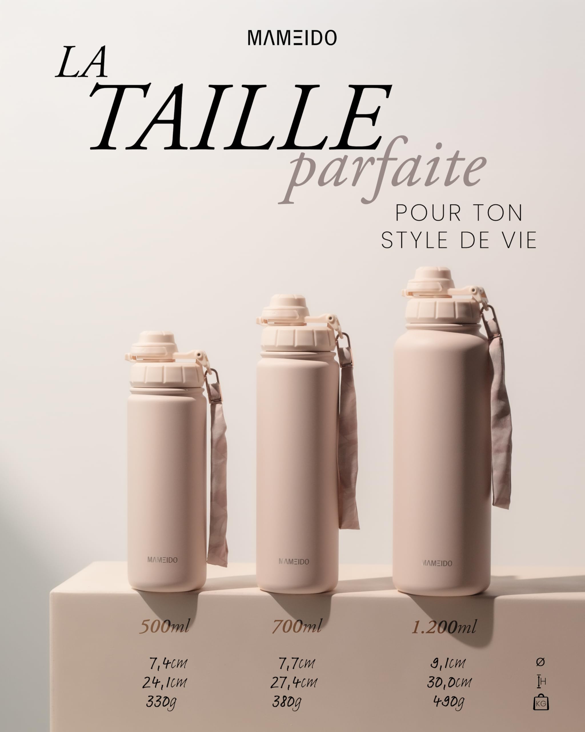 MAMEIDO Gourde Isotherme avec paille 1,2 l, Bouteille Isotherme inox sans BPA, Gourde étanche & Poignée de Transport, Water Bottle (Powder Blush)