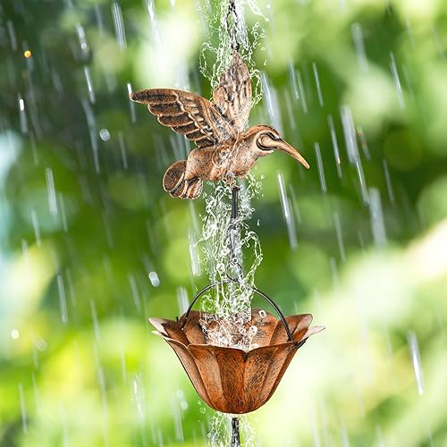 Miniatura 4 de MorningRo Cadena de lluvia de 8.5 pies para canalones, campanillas de lluvia de colibrí para exteriores con cuenca de cadena y 12 tazas, colector