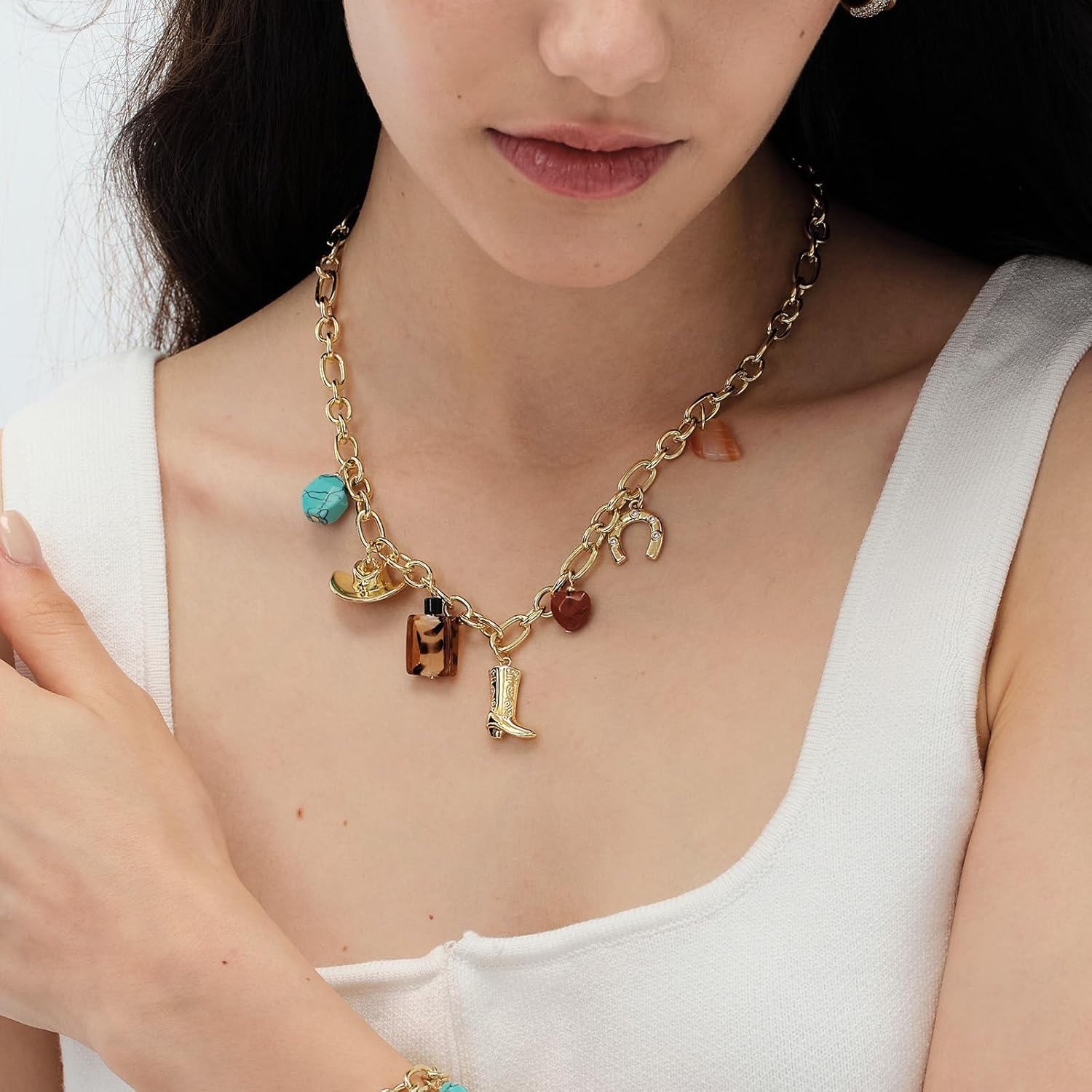 KissYan Cowgirl Western Charm Necklace, 14K Gold Plated Boot Horseshoe Turquoise Pendant Chain Vintage Jewelry Gift for Women - Image 3