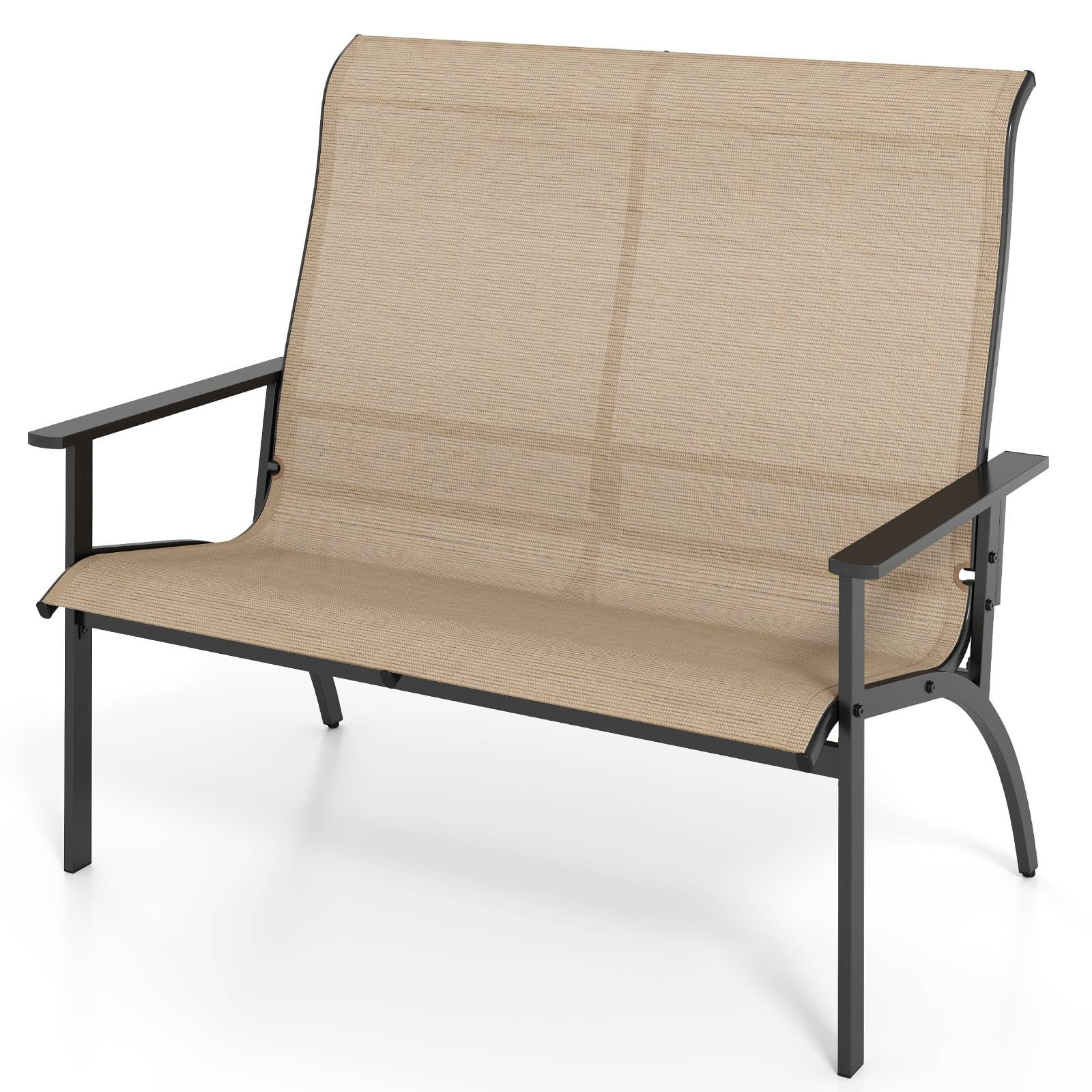 RELAX4LIFE Adirondack Bench Chair, 2-Seater Garden Bench with High Back and Armrests, Metal Frame Outdoor Leisure Loveseat for Patio Porch Backyard Balcony, 400kg Load Capacity