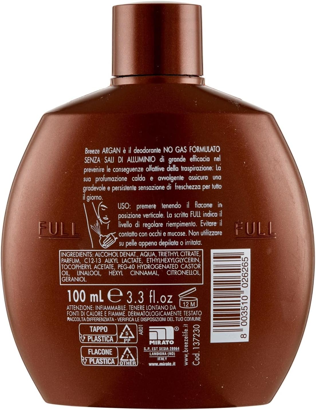Breeze - Desodorante de argán Squeeze (12 unidades, sin gas y sin sales de aluminio, desodorante perfumado de 48 horas, 100 ml, incluye llavero Beni Culinari gratuito)