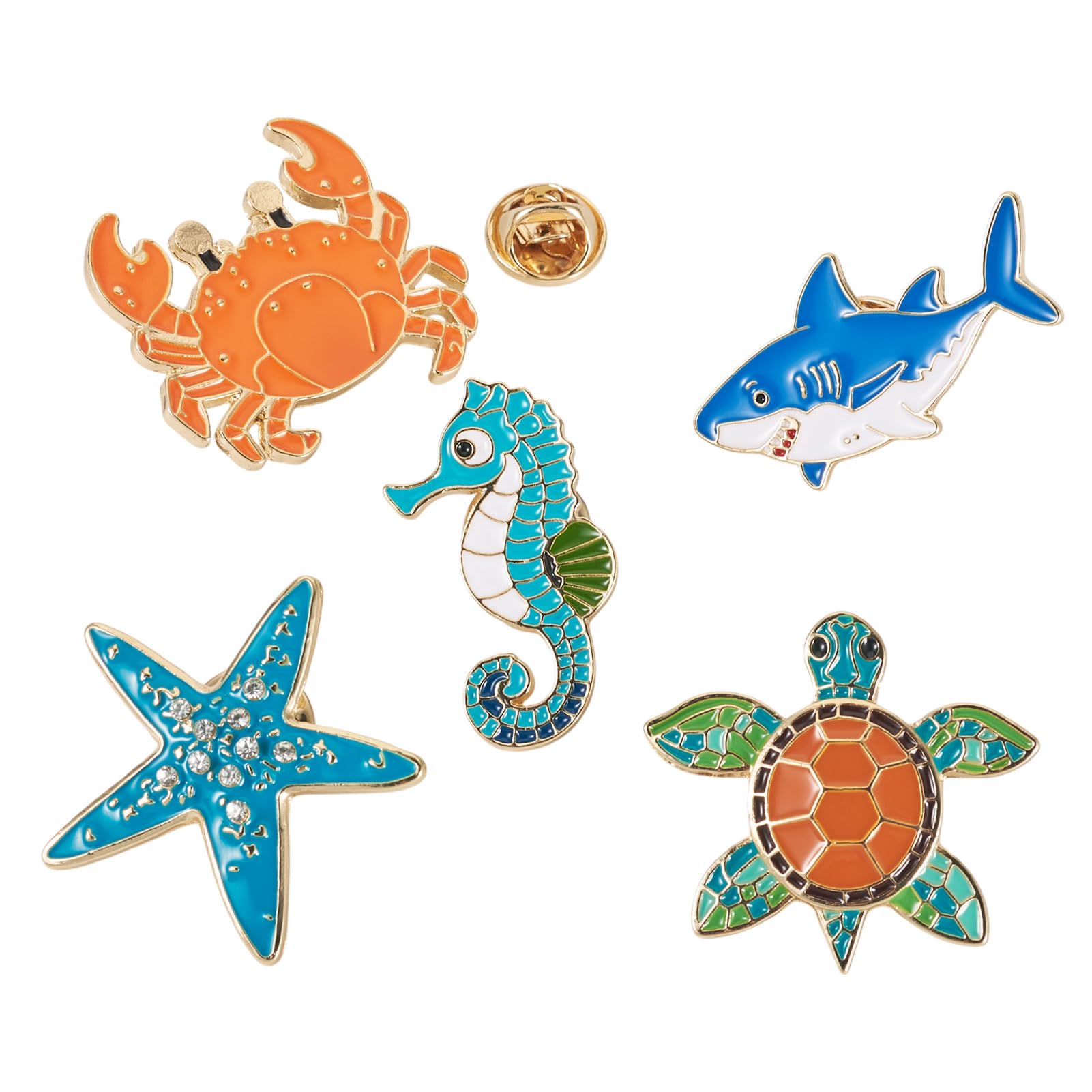 5Pcs Sea Animal Enamel Pins for Backpack, Cute Cartoon Ocean Animal Crab Starfish Sea Horse Shark Turtle Brooch Badges, Marine Life Creature Series Lapel Badges for Bags Hats Clothes Decor