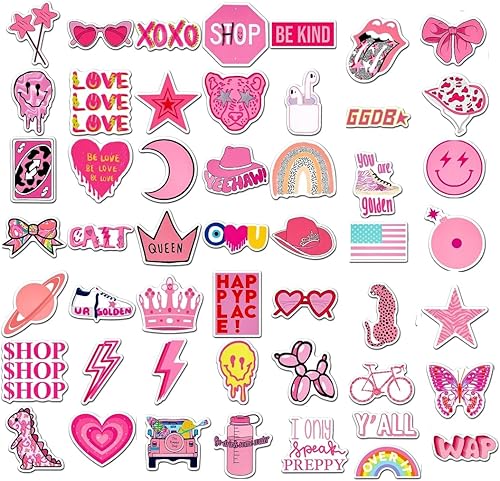 Miniatura 4 de Paquete de calcomanías de color rosa preppy, paquete estético de vinilo impermeable, lindas calcomanías rosadas, suministros de recuerdo de fiesta,