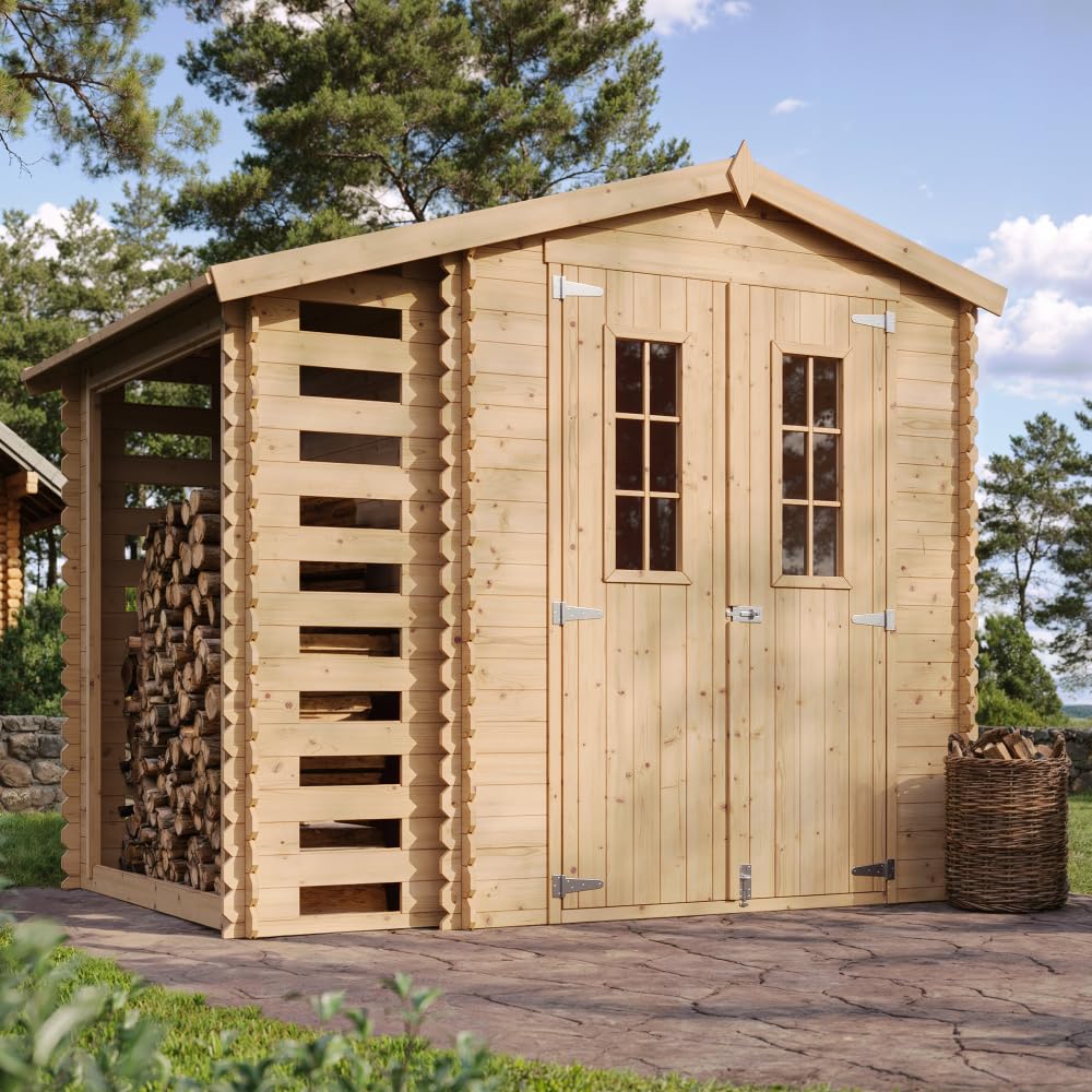 TIMBELA Gartenhaus Holz Mit Brennholzschuppen M386C - Geräteschuppen Holz B272xL206xH218 cm/ 3,53 + 0,97 m2 Lagerschuppen - Fahrradgarage Holz Wasserfestes Dach