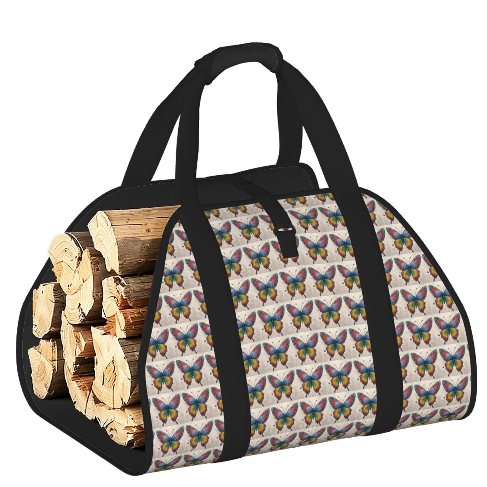 Ayyqwe Black Rainbow Butterfly Print Firewood Bag Wood Waterproof Versatile Camping Picnic Storage Daily Home