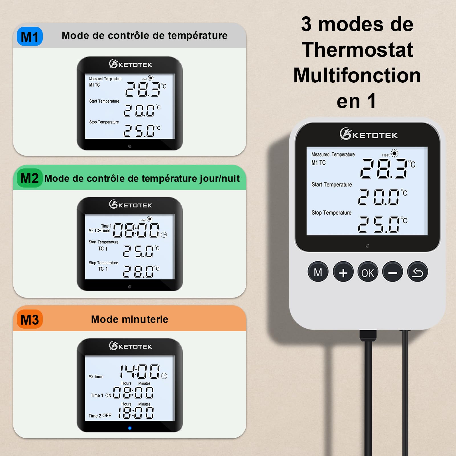 KETOTEK Prise Thermostat Jour/Nuit avec Minuterie, Contrôleur de Température Numérique Chauffage & Refroidissement 220V, Sonde 3M, Design Séparé, 3 Modes pour Reptiles Terrarium, Serre, Incubateur