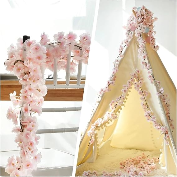 Artificial Flower Vine 2pcs Artificial Flowers Cherry Blossom Sakura Garland Wedding Arch Garden Backdrop Home Party Decoration Silk Fake Plants Vine(1.8m-Rose)