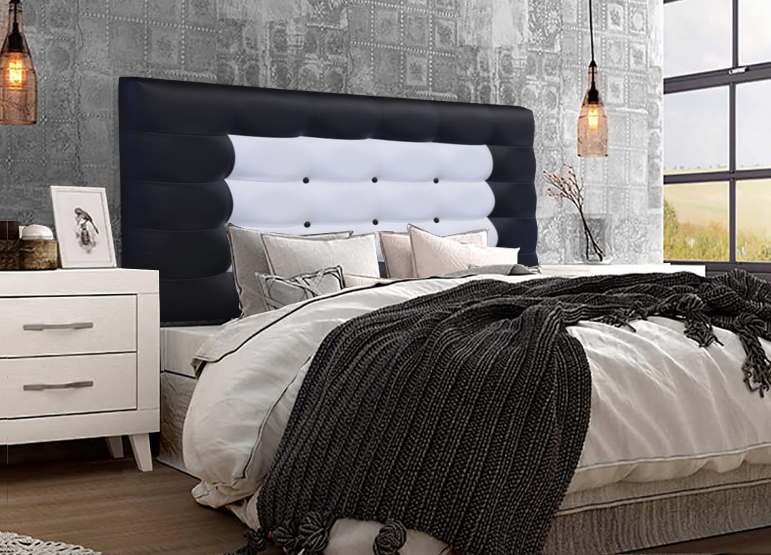 ONEK-DECCO Cabecero de Cama tapizado en Polipiel Mod. Florida con Forma de Marco y Botones,Acolchado de Espuma,de niño, Juvenil y Matrimonio, Cabezal de Colgar Altura 70cm. (150X70, Negro-Blanco)