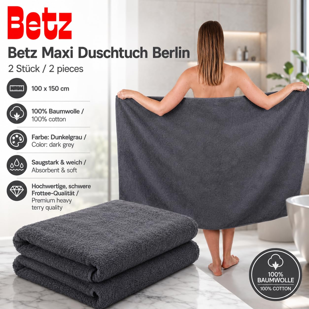 Betz 2 Piezas Maxi Toallas de Ducha XXL Toalla de baño tamaño 100x150cm Berlin Color Gris Oscuro - Berlin