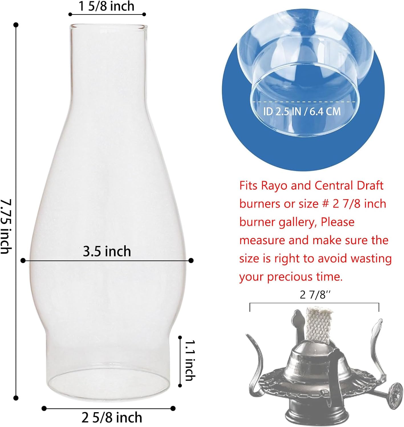 2 5/8 Inch × 7.75 Inch Clear Glass Oil Lamp Chimney for Rayo & Central Draft Burners on Vintage and Antique Style Globes Fixture Replacement Globes & Shades
