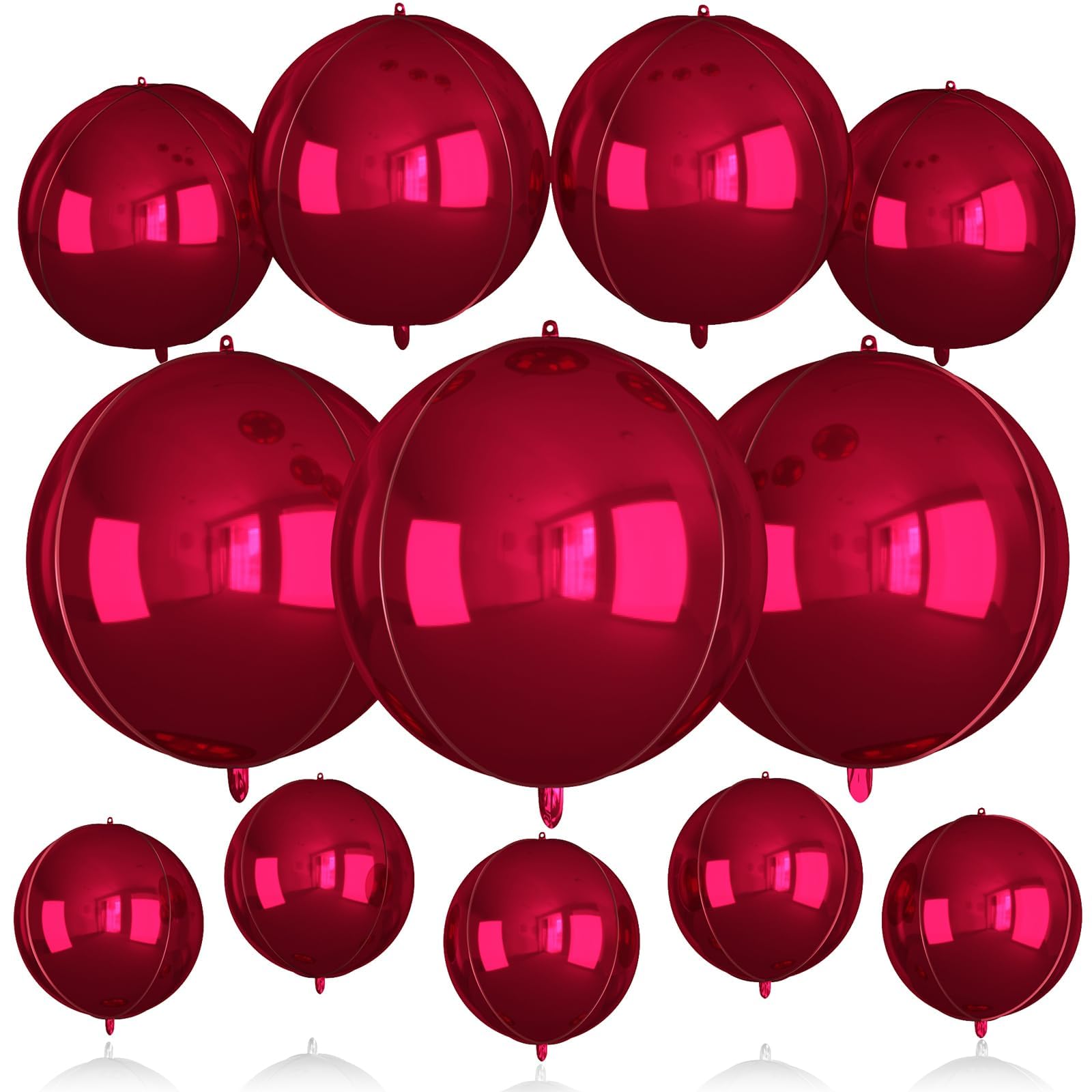 12Pcs Red Round Balloons Foil, 22" 18" 15" 10" 4D Sphere Shaped Balloon Different Size, Large Metallic Dark Red Balloons for Xmas Prom Graduation Baby Shower Birthday Party Decorations Backdrop