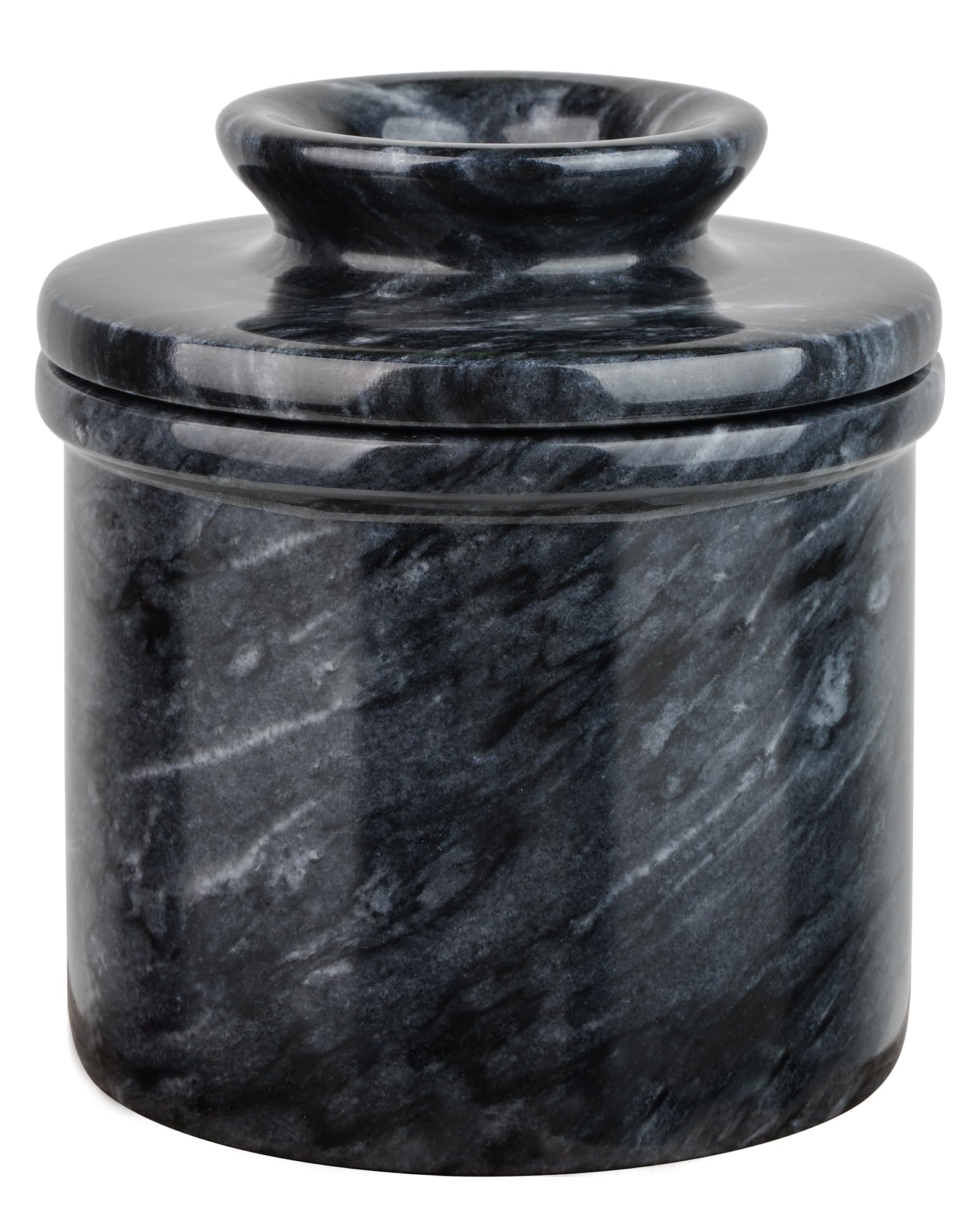 Jersinwei Marble Black Butter Keeper Crock, Handmade French Butter Crock with Water Line for Spreadable Butter,Butter Dish with Lid for Counter-Black Mist