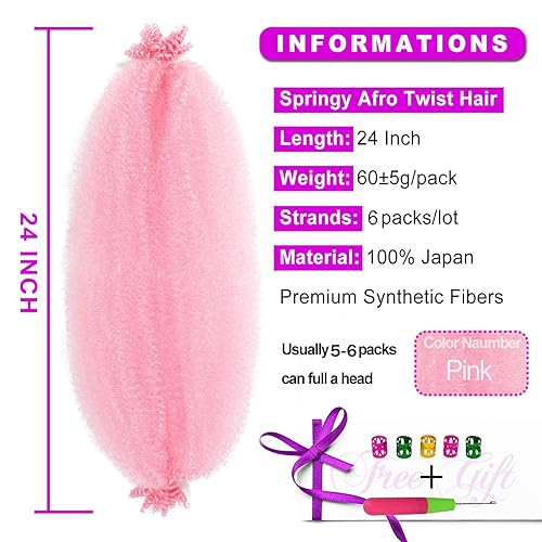 Miniatura 2 de Pelo afro Twist de 24 pulgadas, 6 paquetes de cabello sintético Marley trenzado de ganchillo (24 pulgadas (paquete de 6), rosa)