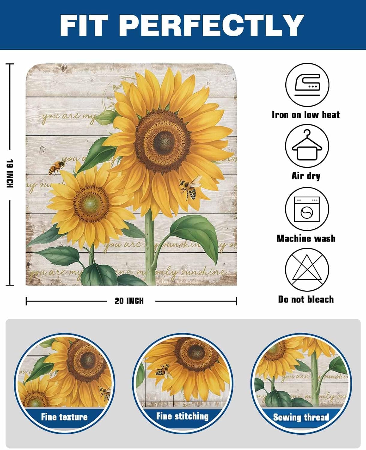 DecorLovee Sunflower Chair Back Cover, Dining Chair Protector Covers, Summer Flower Bee Farmhouse Wooden Striped Chair Covers Removable Chair Slipcovers for Weeding Banquet Party 19"x18", 4 Pack