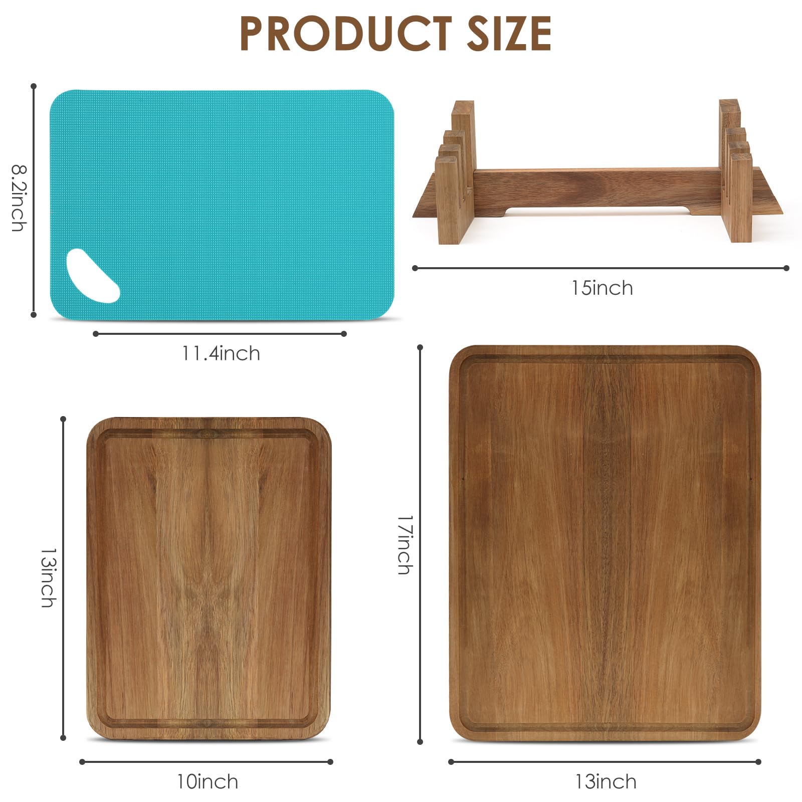 Set of 7 Large Acacia Wood Cutting Boards set,2-in-1Charcuterie Chopping Board & Butcher Block for Kitchen with Holder,Juice Groove,4 Color-Coded Plastic Cutting Boards for Meat,Vegetables and Cheese