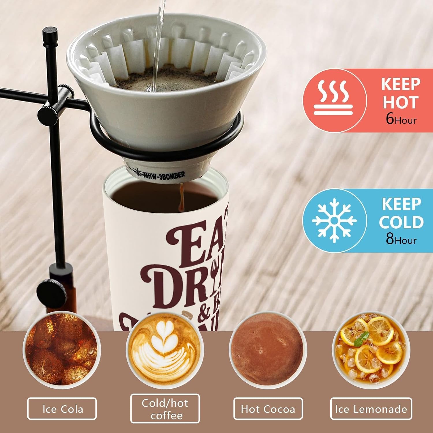 Insulated Coffee Mug Eat Drink Coffee with Straw & Flip Lid, 16.9oz Iced Tumbler Cup, Double Wall Vacuum Mug for Travel Office Camping