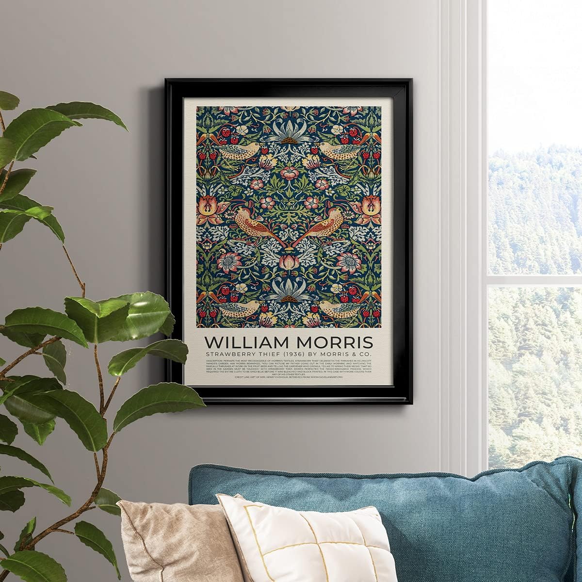 William Morris Wall Art Collection Décor Strawberry Thief (1936) Premium Framed Modern Art Print Artwork - Ready to Hang for Home and Office