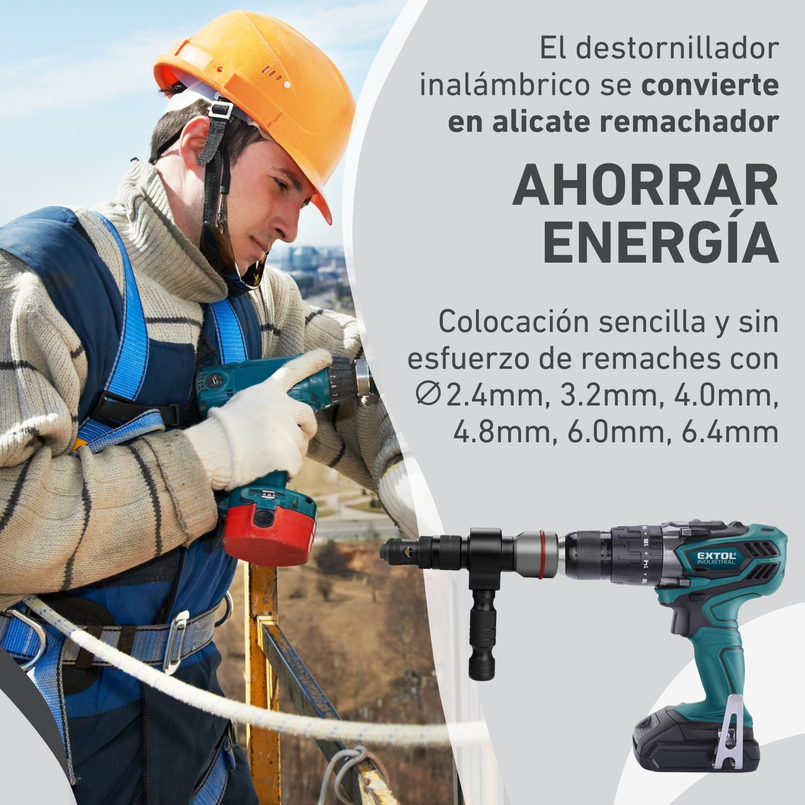 Accesorio para Remachadora para Taladro y Atornillador | Herramienta de Remachado para Aluminio, Acero y Acero Inoxidable | Adaptador para Remaches de 2,4-6,4 mm | Pistola de Remaches Adaptador