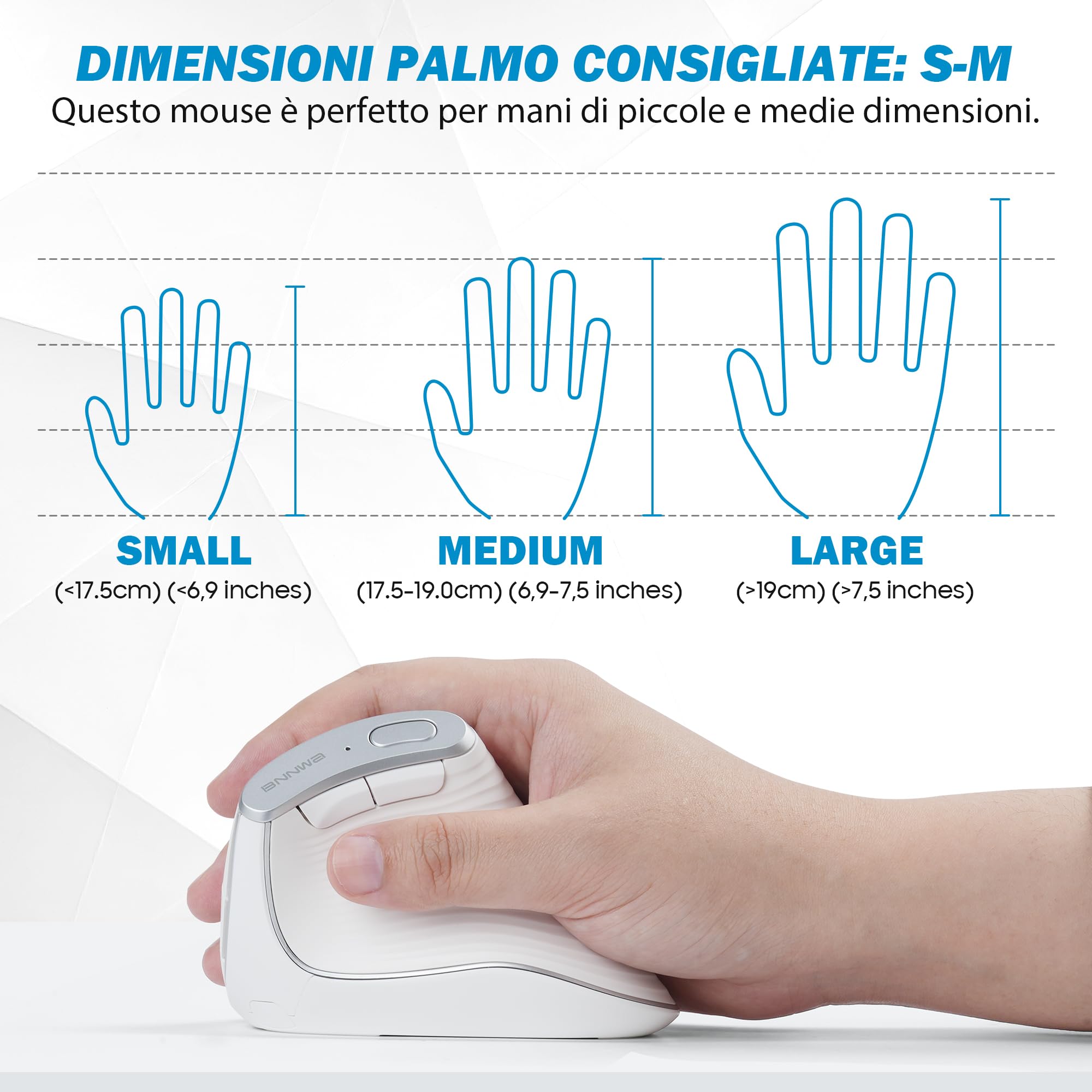 Mouse ergonomico verticale wireless, multidispositivo (connessione Bluetooth + 2.4G), 4 DPI regolabili, mouse per computer a 7 pulsanti per PC, laptop, desktop (Bianca)